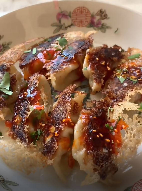 Shrimp & Pork Pan-Fried Dumplings (My Grandma's Recipe) w/ side of my home made SPICY Chili Oil!