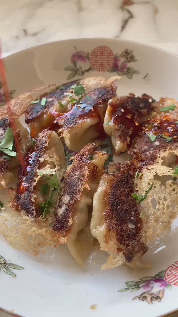 Shrimp & Pork Pan-Fried Dumplings (My Grandma's Recipe) w/ side of my home made SPICY Chili Oil!