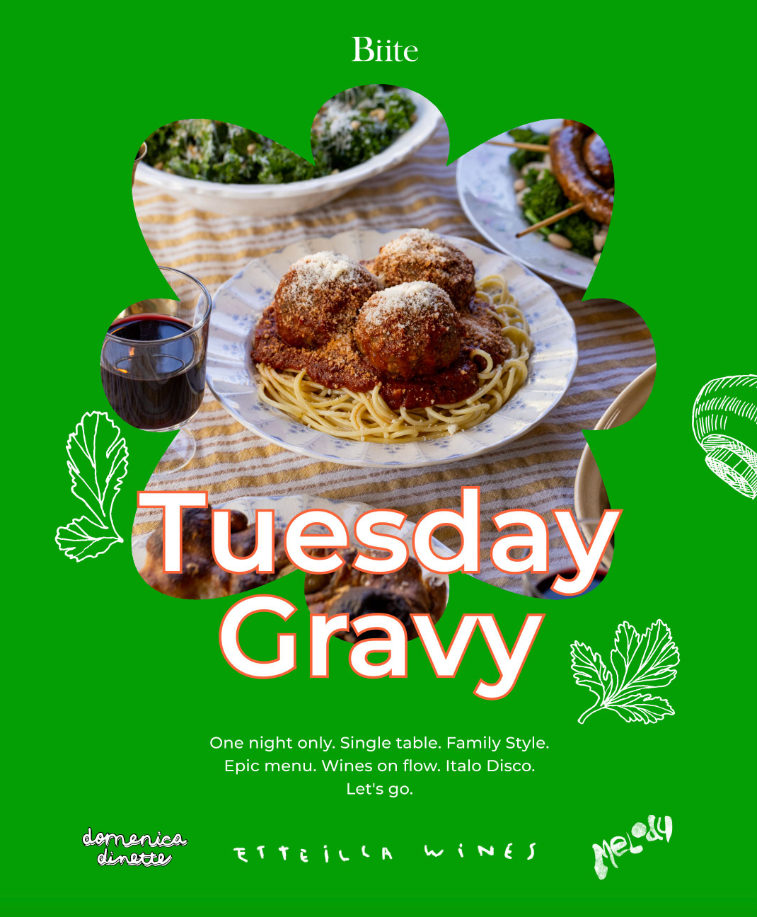 TUESDAY GRAVY, a Big Italian Feast by Domenica Dinette X Etteilla Wines at Melody